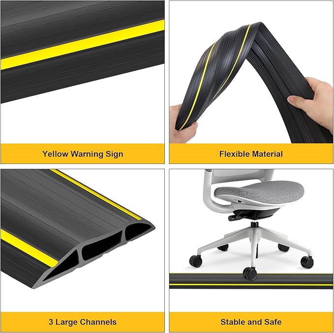 10 Ft Heavy Duty Floor Cord Cover Cable Protector, 3 Channels Protect Cords and Prevent a Trip Hazard— Conceal Wires at Home, Office, Warehouse, Workshop, Concerts