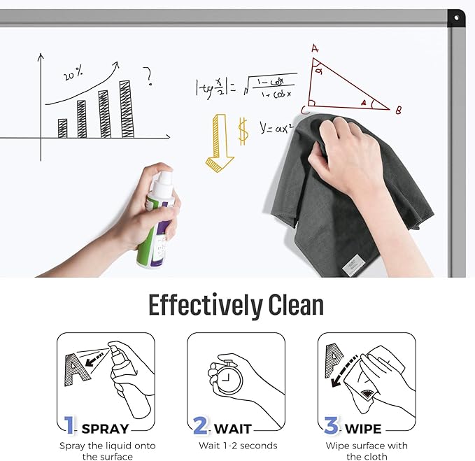 loukin 2 Pack Magnetic Whiteboard Cleaning Cloth, Dry Erase Cleaning Cloth for Classroom, Home and Office Use, Reusable & Washable, Gray, 12" x 12", 1 Bottle of 3.4 fl oz Whiteboard Cleaner Included