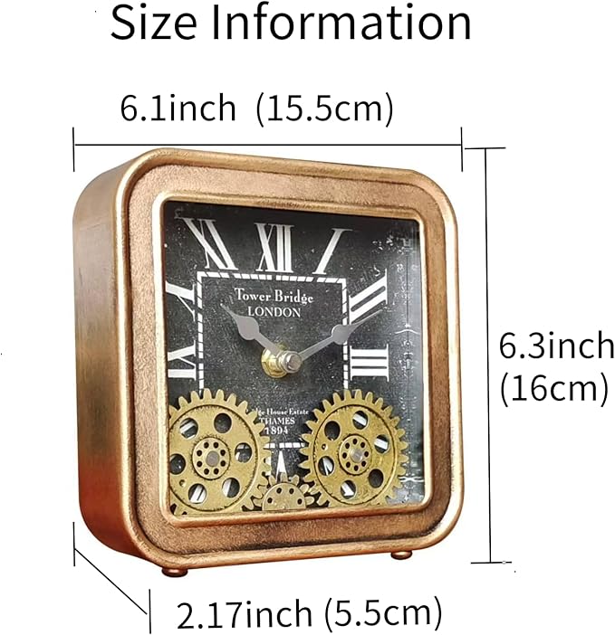 Vintage Desk Clock, 6 inch Metal Table Clocks with Moving Gears, Small Silent Non Ticking Industrial Steampunk Quartz Shelf Clock for Home Office Living Room Desk Decor Battery Operated (GOLD)