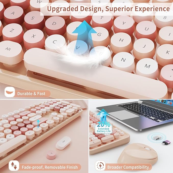 HotFox Wireless Keyboard and Mouse Combo, Full-Size Retro Typewriter Keyboard with Round Keycaps, Ergonomic Design for Windows PC, Home and Office Use -Brown