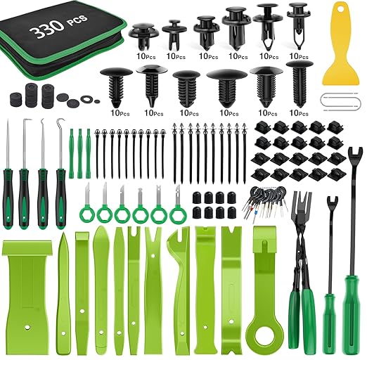 GOOACC 330Pcs Trim Removal Tool, Auto Push Pin Bumper Retainer Clip Set Fastener Terminal Remover Tool Adhesive Cable Clips Kit Car Panel Radio Removal Auto Clip Pliers, Green