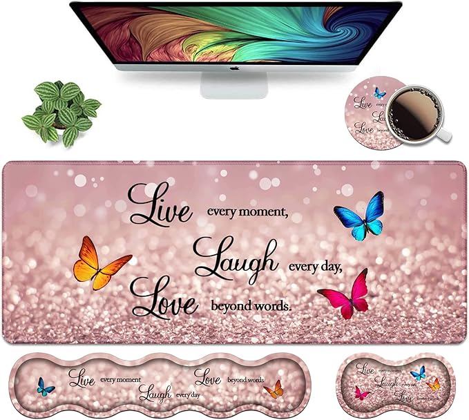 Ergonomic Keyboard Wrist Rest & Mouse Pad Wrist Rest Set, Large XXL Gaming Desk Mat 31.5"x 11.8", Non-Slip Base, Memory Foam, Easy Typing Pain Relief for Office & Home, Glitter Quote Live Laugh Love