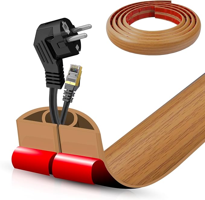Floor Cord Cover Self Adhesive Cord Hider,10FT Cable Management, Extension Strip Protector for Wires, Prevent Cable Trips for Offices, Gyms, Exhibitions Cavity:0.51"(W) x 0.3"(H) Brown Wood