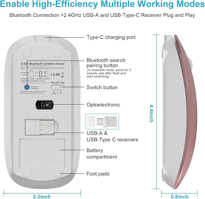 Mouse for MacBook Wireless Bluetooth Mouse Laptop MacBook Air Mac Pro Rechargeable Silent PC iPad Optical Mouse with Dual Mode Switch Bluetooth 5.2/3.0 and 2.4GHz USB Type-C Receiver Silvery