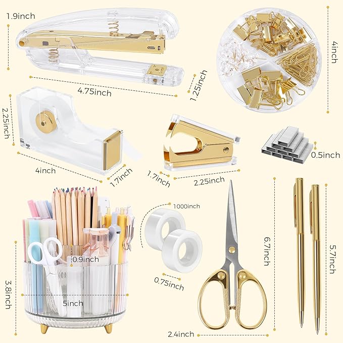 SKYDUE Gold Office Supplies Set, Pencil Holder for Desk,Gel Pen, Stapler, Tape Dispenser, Scissors,Clips and 1000pcs Staples, Office Decor for Women, Gold Desk Accessories