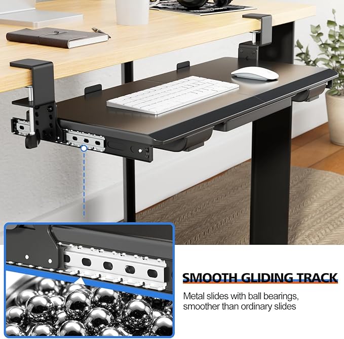 Large Height Adjustable Keyboard Tray with Sturdy C-Clamp Mount and Storage Drawer, 27"(31" Including Clamps) x 12" Slide Out Ergonomic Keyboard Trays for Home and Office, Black