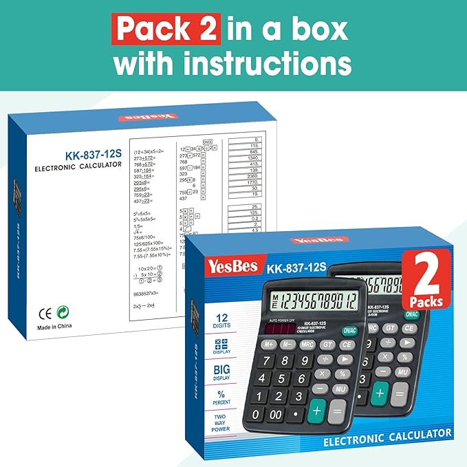 2 Pack Calculator Bulk, 12 Digits Calculators Desktop with Large LCD Display and Sensitive Butto, Solar and Battery Dual Power, Desk Calculator