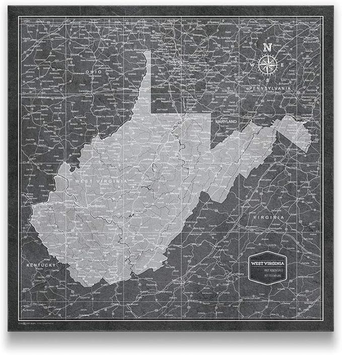 Conquest Maps Push Pin West Virginia Map Board - With Push Pins to Mark West Virginia Travel - Handmade in Ohio, USA - Design: Modern Slate