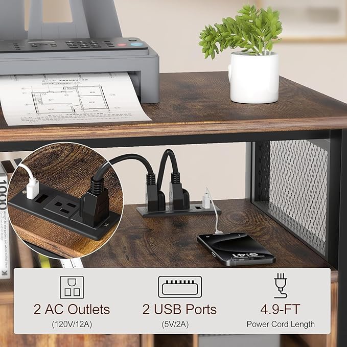 Lateral File Cabinet, Locking Office Filing Cabinets with Socket and USB Charging Port,printer cart with storage，Modern Rolling Printer Stand with Storage for Printer Scanner Fax，Brown