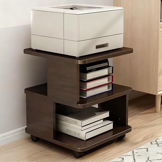 Under Desk Drawer Wooden 2 Tier Printer Shelf with Storage，Mobile Cart Wooden File Cabinets with Open Storage Shelf(Black Walnut,23.6x23.6x19.7 in)