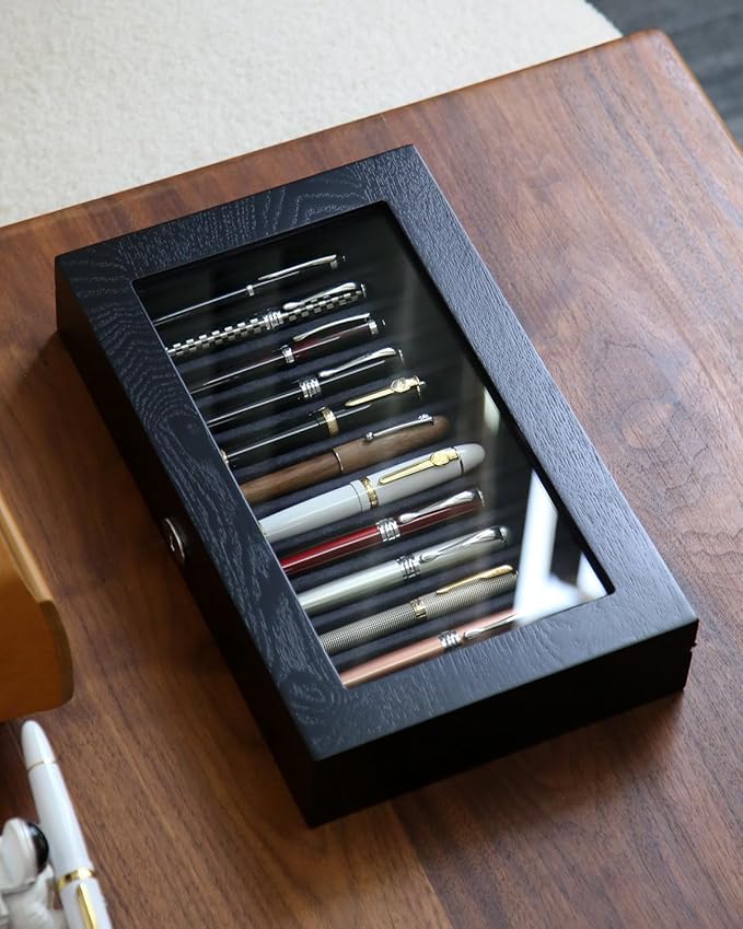 12-Slot Fountain Pen Collector Case – Lockable Wooden Organizer with Glass Display Top, Premium Storage Box for Writing Instruments and Gift for Men
