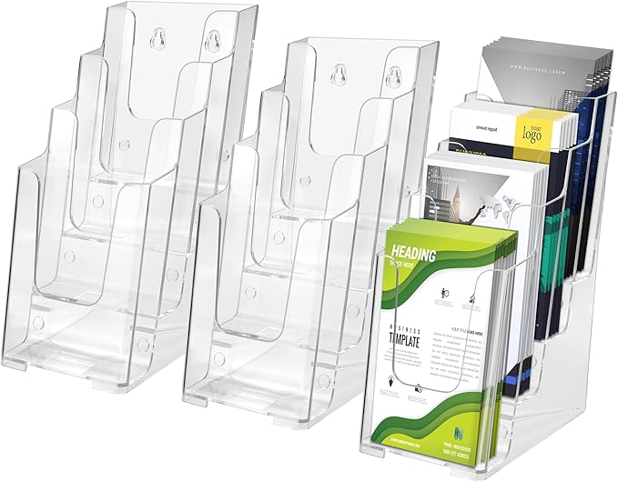 zavekia 3 Pack 4 Tier Acrylic Brochure Holder , 4-Inch Wide Clear Literature Holder Acrylic Pamphlet Holder Brochure Display Stand