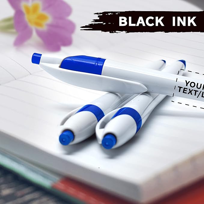 DISCOUNT PROMOS Custom Slim Curvy Ballpoint Pens Set of 100, Personalized Bulk Pack - Black Ink, Retractable, Great for Office, School, Tradeshows - Blue Black