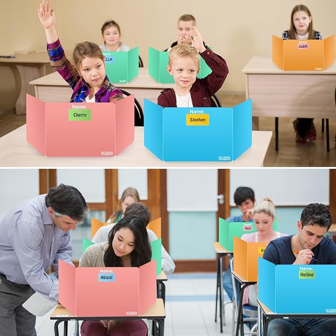 Colorful 12-Pack Desk Dividers for Students, Durable Plastic Study Carrel Divider, Easy to Clean Privacy Classroom Shield Folder Boards for Student Desk Pink Orange Blue Green