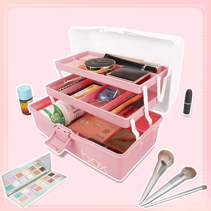 12in 3-Layer Plastic Craft Organizers and Storage, Portable Folding Tackle Box with Handle & Adjustable Dividers, Multipurpose Case for Sewing, Art Supplies, Medicine, Tools (White Pink)