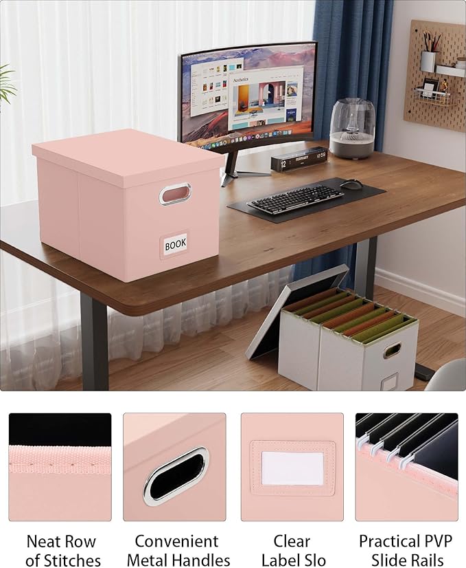 Oterri File Organizer Box with Lid, Portable Hanging File Box for Letter/Legal Files, Office/Decor/Home, Cream-pink (Leather), 1 Pack