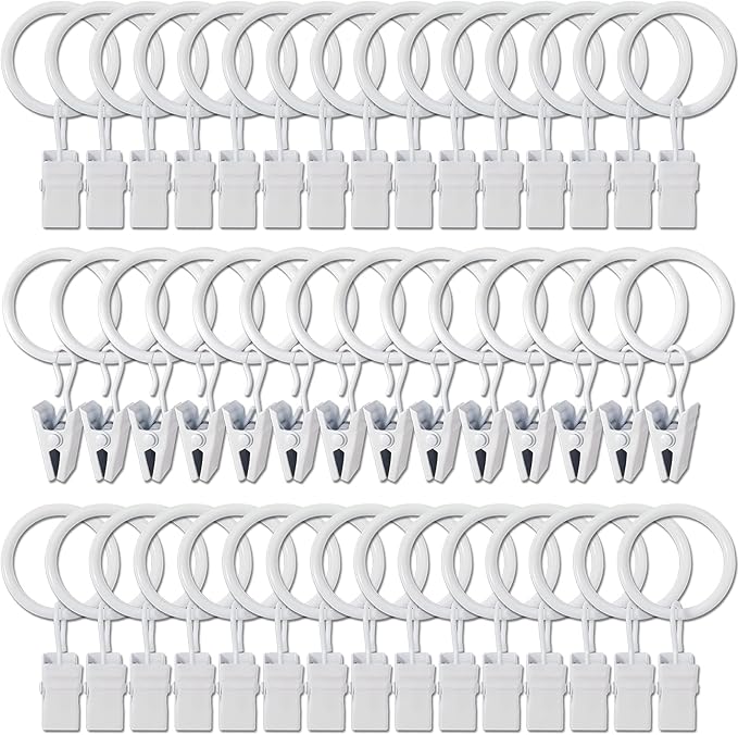 AMZSEVEN 44 Pack Metal Curtain Rings with Clips, Drapery Clips with Rings, Drapes Rings 1 inch Inner Diameter, Fits Diameter 5/8 inch Curtain Rods, White