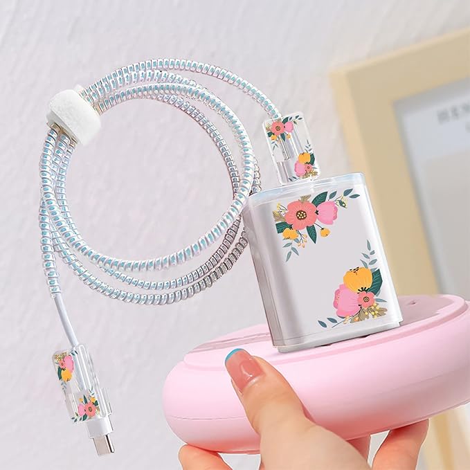 Cute Flower Protectors Cable Protector for iPhone Charger,Kawaii Red Peony Rose Floral Pattern Unique Design Data Cable Phone Charger Cover Data Line Wire Saver for iPhone 13 12 11 14 Pro Max
