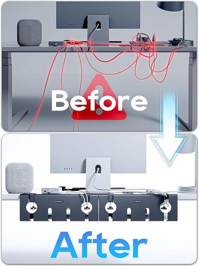 NODOCA No Drill Under Desk Cable Management Tray, 17'' Wire Management, Punch-Free Clamp on, Metal Cable Tray, Wire Organizer Under Desk, Under Desk Basket for Office and Home, Black