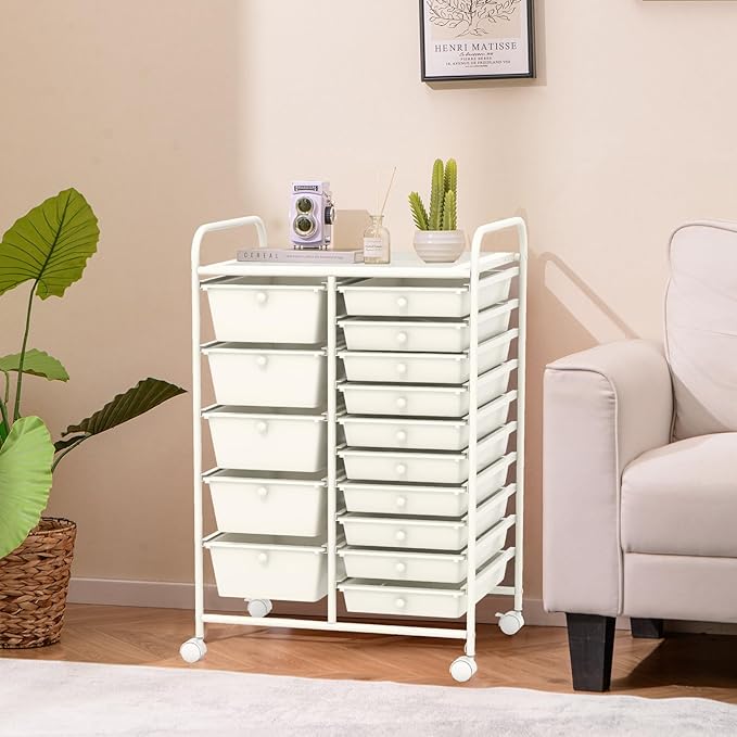 ARLIME 15-Drawer Storage Cart, 15 Drawer Trolley, Rolling Organizer Cart, Scrapbook Paper Organizer, Suitable for Office and School, Rolling Office Storage Tools (White)