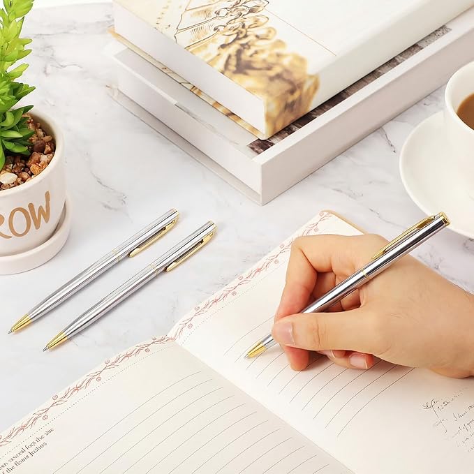 Zonon 15 Pcs Silver Gold Metal Slim Ballpoint Pens Bulk Retractable Metallic Black Ink 1 mm Medium Point Smooth Writing Pens for Wedding Business Office Supplies Students Teachers Men Women Present