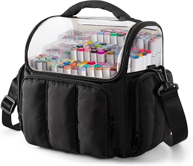 Puffy Marker Organizer Case for 210 Markers, Large Marker Storage Bag with Shoulder Strap for Adults, Artists, Teachers, Coloring Enthusiasts, Marker Holder Organizer, Black (Patented Design)