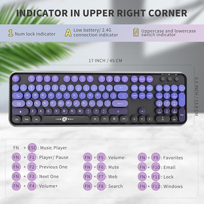 FOPETT Wireless Keyboard and Mouse Combo, 104 Keys Full-Sized 2.4 GHz Round Keycap Colorful Keyboards, USB Receiver Plug and Play, for Windows, Mac, PC, Laptop, Desktop (GradientPurple)