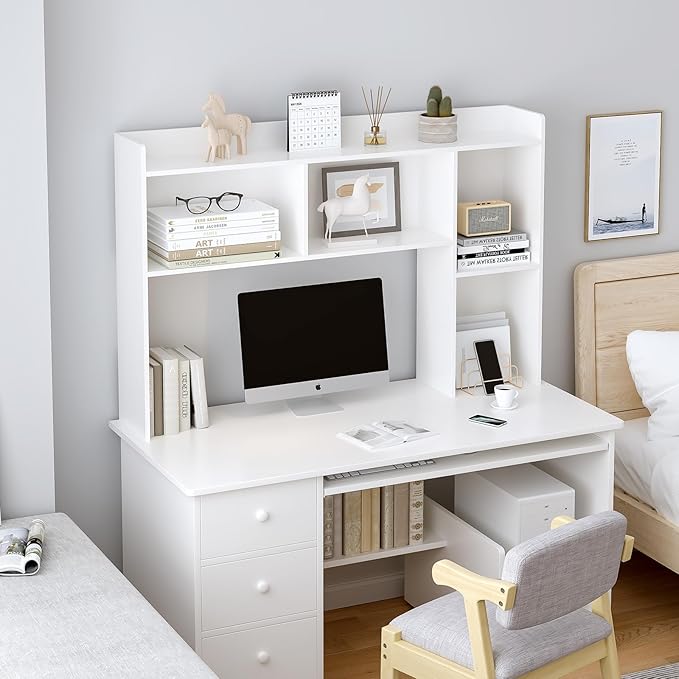 Wooden Desktop Hutch Bookshelf - Free Standing Desk Storage Shelf with Top Edge for Computer Desk, Desktop Bookcase for Dorm, Home or Office, Countertop Organizer, White, 53.2"