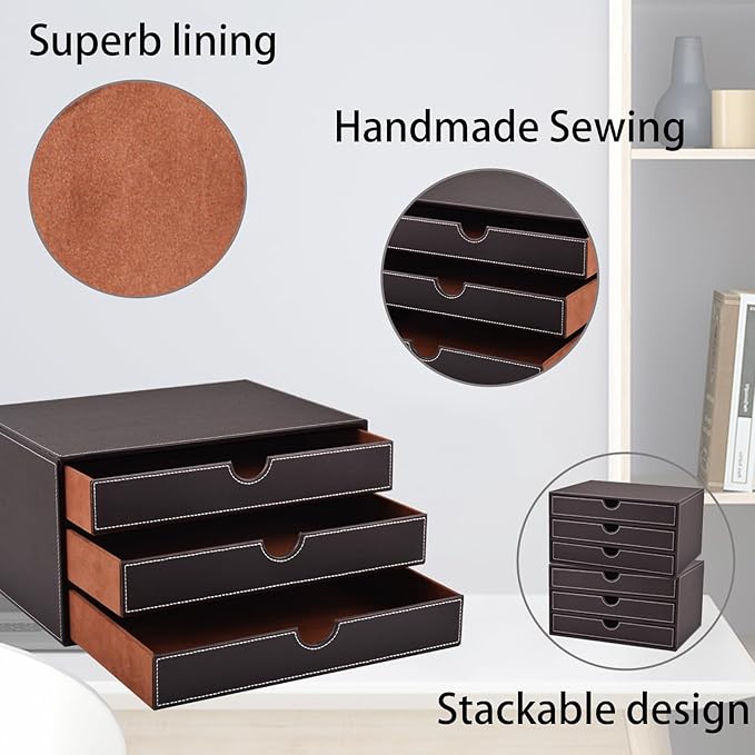 PU Leather Desk Organizer with 3 Drawers,Executive Office Supplies Desktop Filing A4 File Cabinet/Holder for Jewelry/Bill/Paper/Documents/Makeup Home Decor Stationery Storage Box,Brown