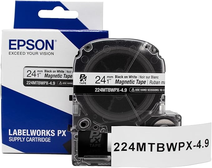 Epson LABELWORKS 224MTBWPX-4.9 Genuine Magnetic Tape Cartridge - Black on White Magnet Label Maker Tape - 1" (24MM) Wide, 4.9 ft, White