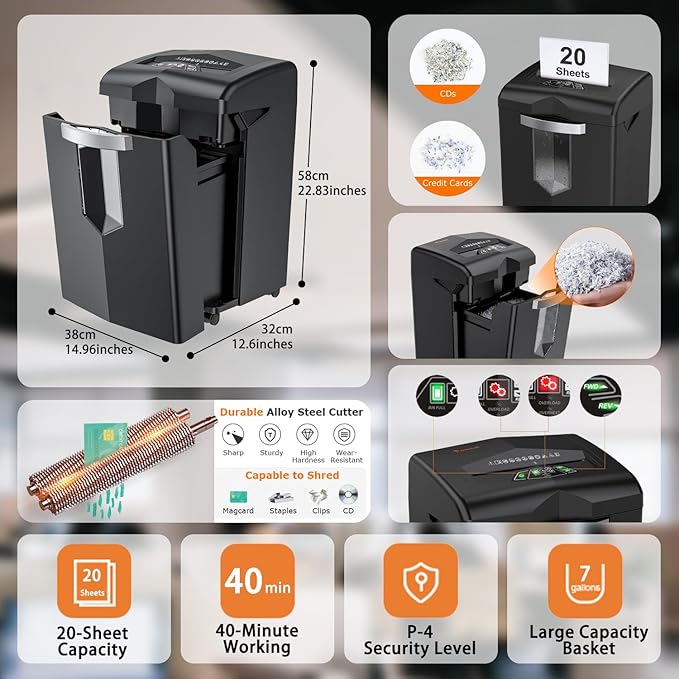 Bonsaii Shredder, 20 Sheets, Operates Continuously for 40 Minutes, P-4 Cross-Cut, Jam-Resistant Design, Safely Destroys CDs, Credit Cards, and Stapled Papers, Large 7-Gallon Bin Capacity