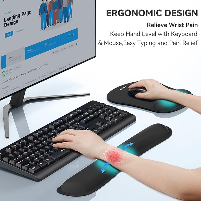 TECKNET Keyboard Wrist Rest and Mouse Pad with Wrist Support, Memory Foam Set for Computer/Laptop/Mac, Lightweight for Easy Typing & Pain Relief Ergonomic Mousepad (Black)