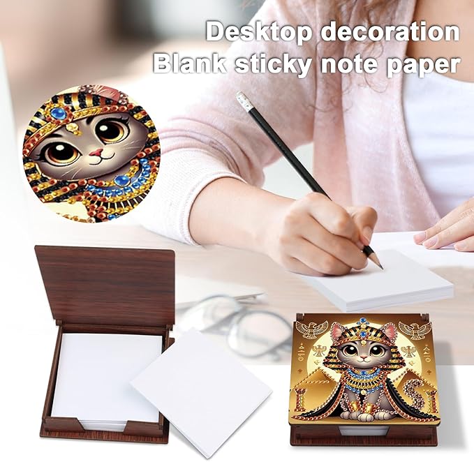 Wooden DIY Egyptian Cat Diamond Art Notecard Box – DIY Gem Art Sticky Note Holder for Adults 160 Sheets Memo Pad Storage
