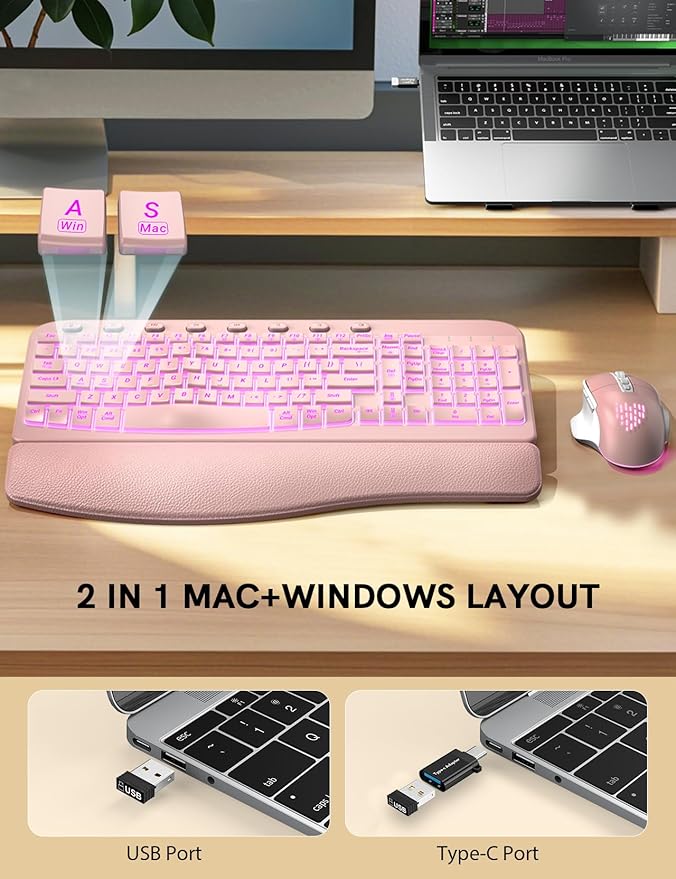SABLUTE Ergonomic Wireless Keyboard and Mouse Combo - Wave Keyboard with Soft Leather Wrist Rest, Resistant Keys, RGB Backlit Rechargeable Set for PC/Mac/Chromebook (Black) (Pink)
