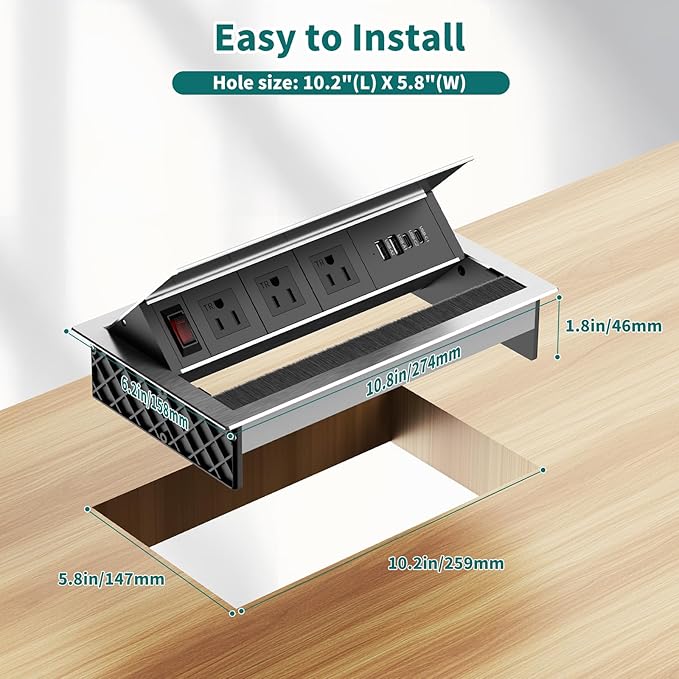 QBA Tabletop Brush Connectivity Box Outlet, Recessed Power Strip with USB-C 30W, 3 TR Outlets, 4 USB Ports, for Home Office, Silver