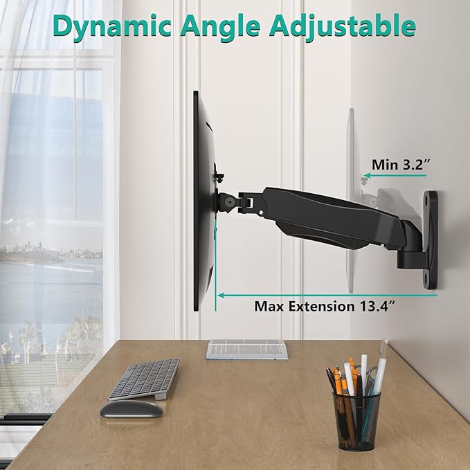 WALI Monitor Wall Mount 27+ inch, Wall Mount Monitor Arm Fits 1 Screen up to 32 inch, Single Monitors Mount Holds up to 19.8lbs, Gas Spring Monitors Arm Max Extension 13.4 inch,(GSWM001S), Black