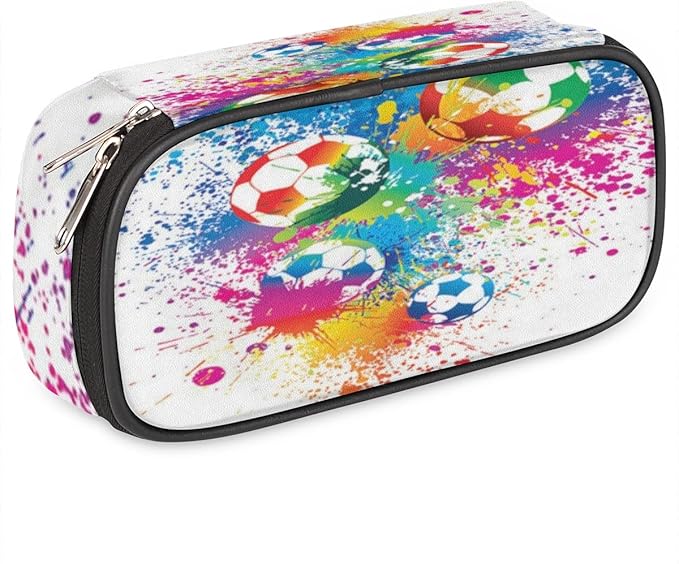Pardick Watercolor Football Big Capacity Pencil Pen Case Soccer Large Pencil Pouch with Zipper Compartments Pencil Bag for Boys Girls Adults Student Office School Supplies