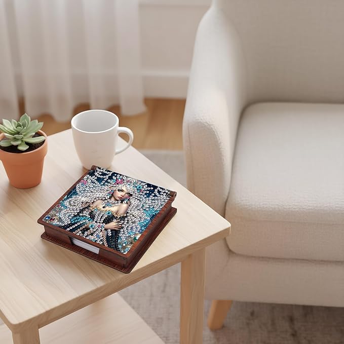 Wooden DIY Fairy Beauty Diamond Art Notecard Box – DIY Gem Art Sticky Note Holder for Adults 160 Sheets Memo Pad Storage