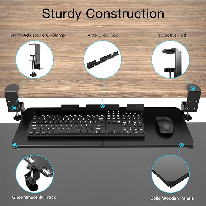 Ergonomic Keyboard Tray Under Desk Pull Out with Adjustable C-Clamp Mount, Slide-Out Computer Keyboard and Mouse Platform Drawer for Office and Home Typing (Black)