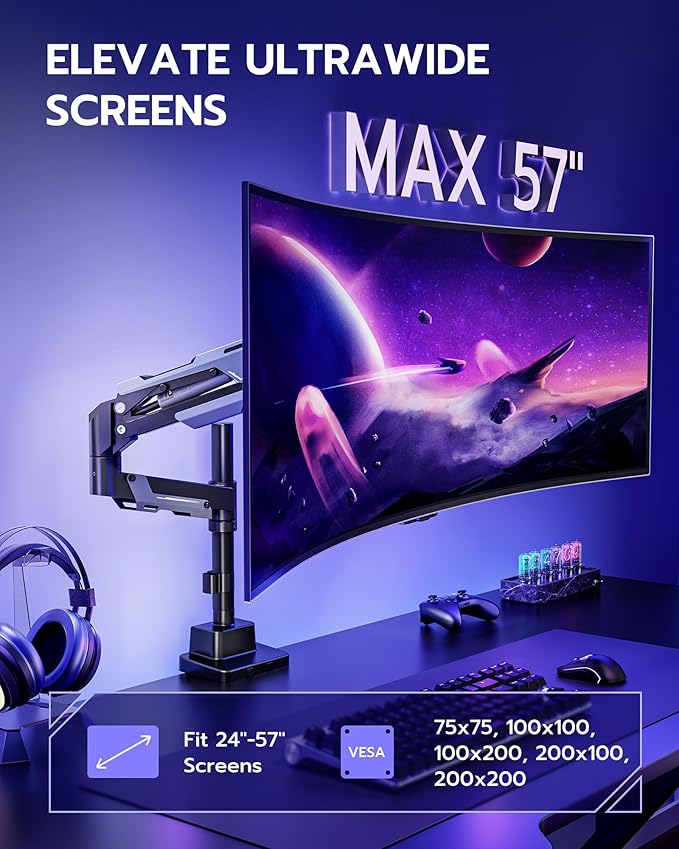 ARES WING CoreArm Single Monitor Mount, Ultrawide Monitor Arm for 24 to 57'' Heavy Duty Curved Screen, Adjustable Gas Spring Monitors Arm Stand up to 66LBS with 75/100/200 Vesa Mount, Black