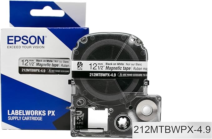 Epson LABELWORKS 212MTBWPX-4.9 Genuine Magnetic Tape Cartridge - Black on White Magnet Label Maker Tape - 1/2" (12MM) Wide, 4.9 ft, White