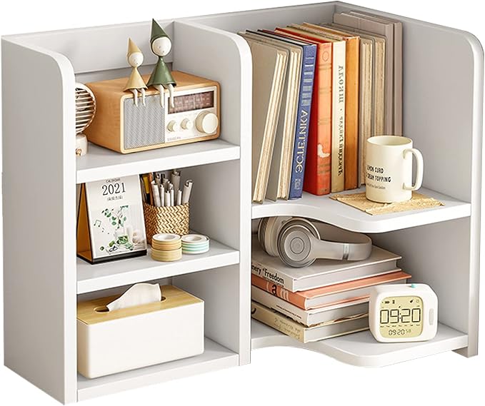 Desk Shelf,Small Bookshelf,Wooden Desk Hutch Desk Organizers,White Desktop Bookshelf and Accessories Storage Display Rack in Home Office Dorm,Freestanding Desk Shelf