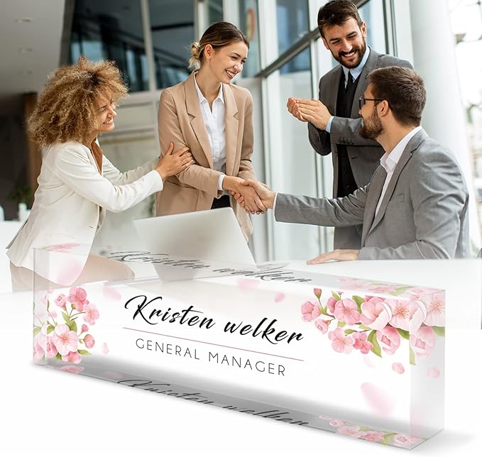 Personalized Office Name Plate for Desk, Custom Employee Appreciation Gifts, Acrylic Desk Name Plate Funny, Desk Decorations Gift, Acrylic Desk Ornaments… (Pink Orchids)