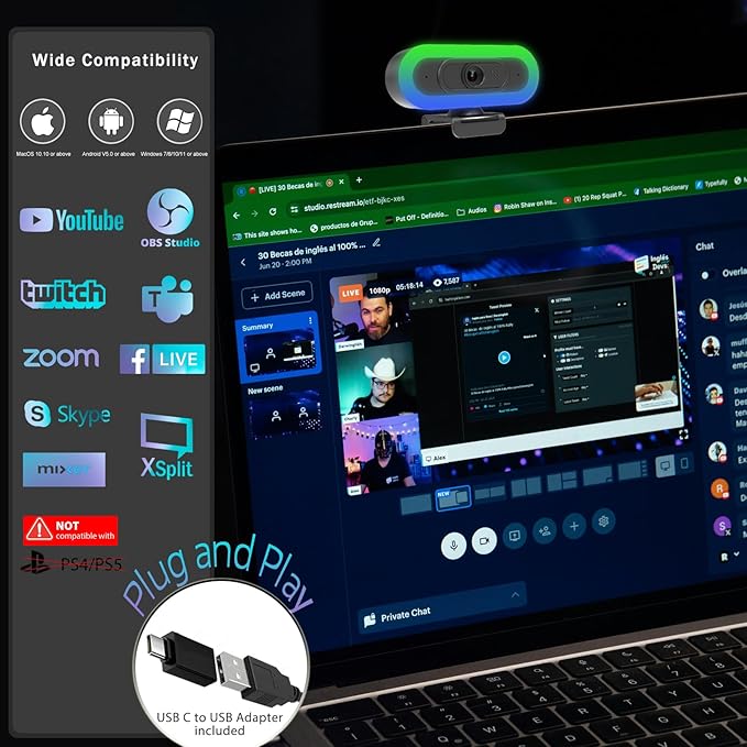 Hrayzan 2K USB C Camera Autofocus PC Webcam with Dual Microphones/Ring Light/Fill RGB Light/Cover, 65°FOV, Plug and Play Web-Cam Streaming Web Camera for Desktop Computer Laptop Mac Zoom