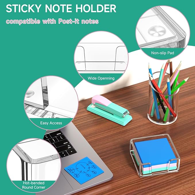 Sticky Note Holder, Crystal Clear Acrylic Notepad Holder 3x3 in Self-Stick Note Dispenser Office Desk Accessories, Memo Pad Holder Organizer for Classroom School Supplies
