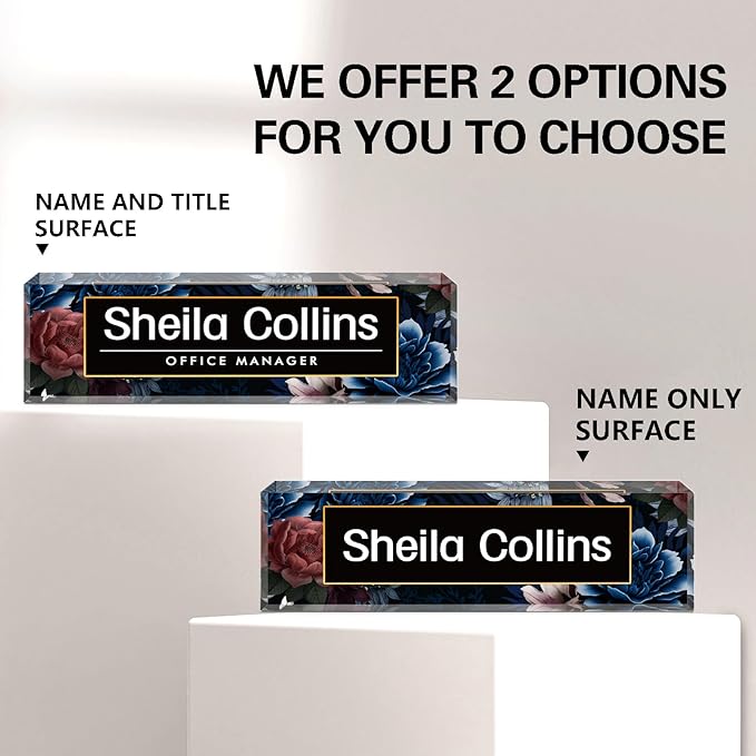 Custom Acrylic Name Plate for Desk, Employee Appreciation Gifts, Office Decor, Personalized, Funny Gifts for Coworkers, Boss, Teacher (Blue Flowers)