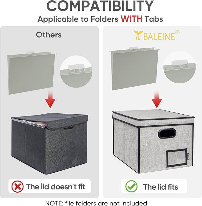 BALEINE File Organizer Box with Lid, Collapsible File Folder Organizer with Plastic Slide, Hanging File Folder Box for Office Document Storage (Tab Friendly, 1 Pack, Beige)