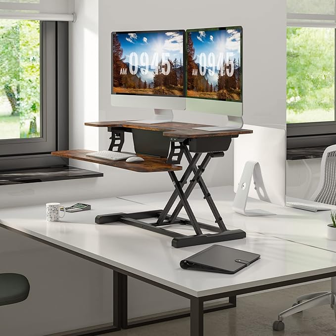FLEXISPOT Electric Standing Desk Converter, 36'' Height Adjustable Motorized Desk Riser for Computer Monitors & Laptop Workstation, Rustic Color