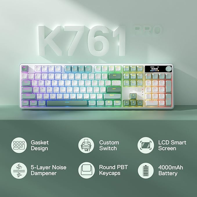 Redragon K761 Wireless Gasket Gaming Keyboard w/Hype Screen & Knob, 104 Keys Mechanical Keyboard, Easy-Control 1.14’’ TFT Info Display, 5-Layer Noise Dampening, Custom Linear Switch, Jade Cloud Color
