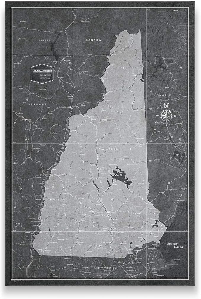 Conquest Maps Push Pin New Hampshire Map Board - With Push Pins to Mark Alabama Travels - Handmade in Ohio, USA - Design: Modern Slate